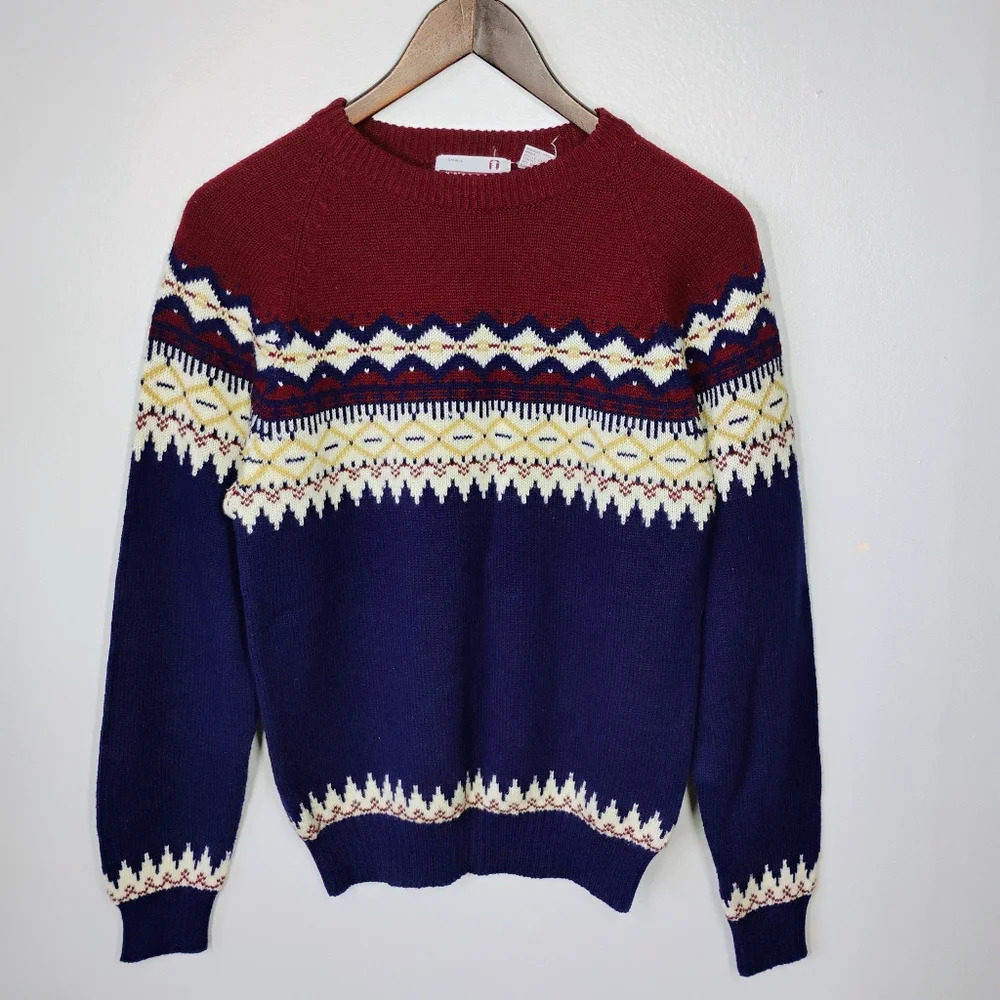 Vintage Classic Directions Knit Fair Isle Grandpa Pullover Sweater Size Small